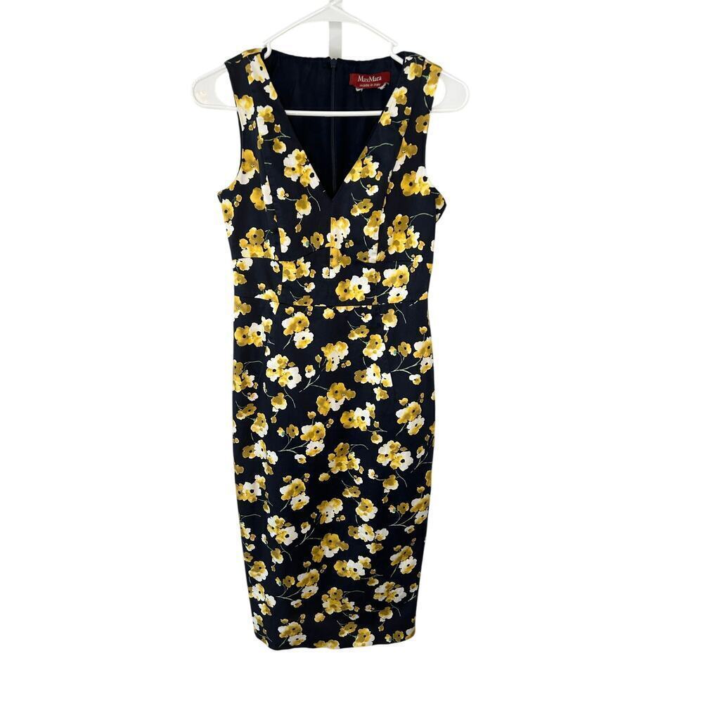 Max Mara made in Italy navy yellow floral sleeveless vneck lined sheath dress S*